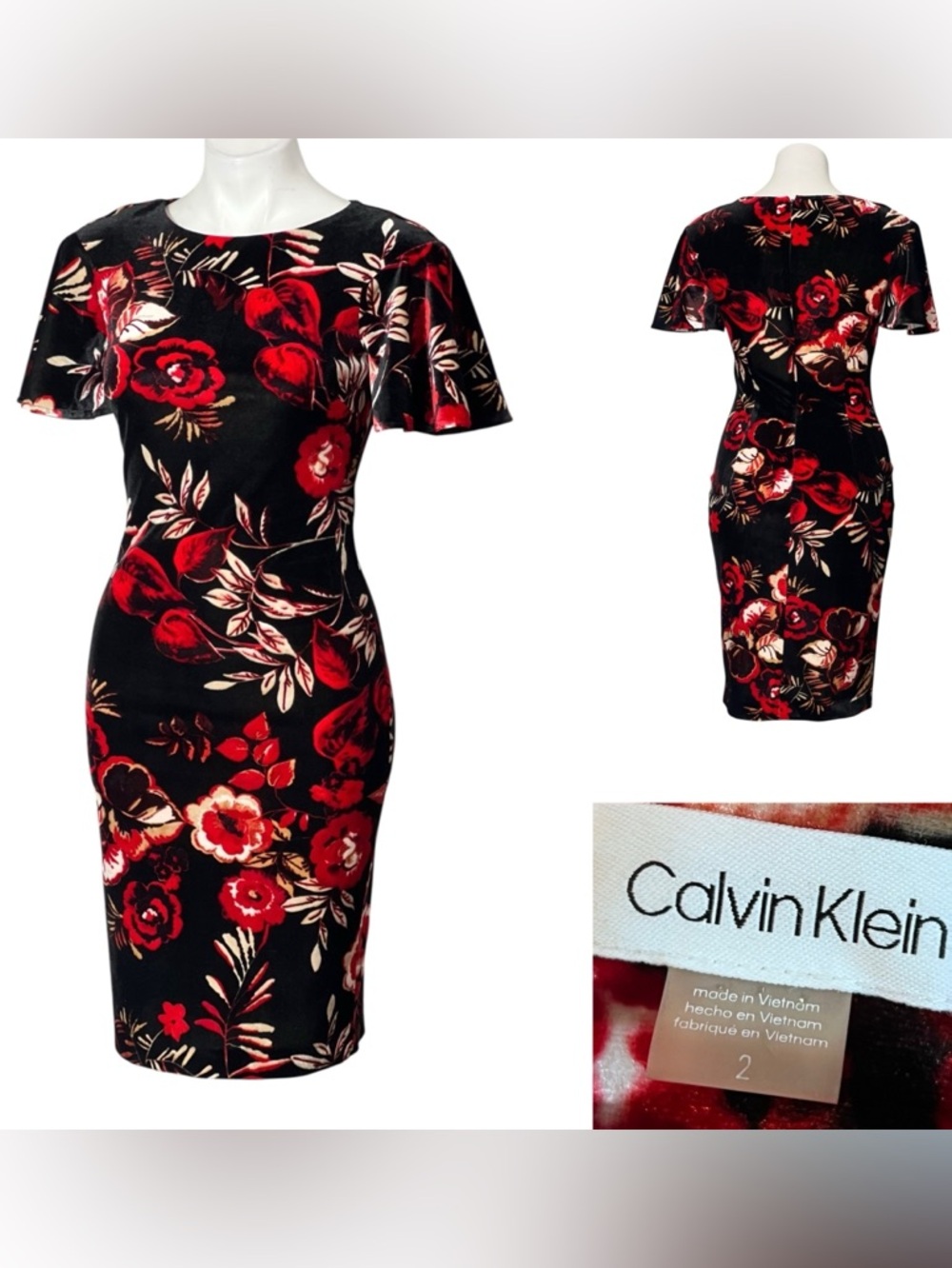 Calvin Klein Dress Sz 2 Black/red Floral velvet flutter sleeve pencil stretch